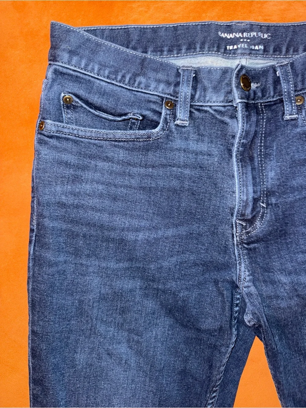 Men's Banana Republic Dark Blue Distressed, “Traveler Jean” Size 31x30